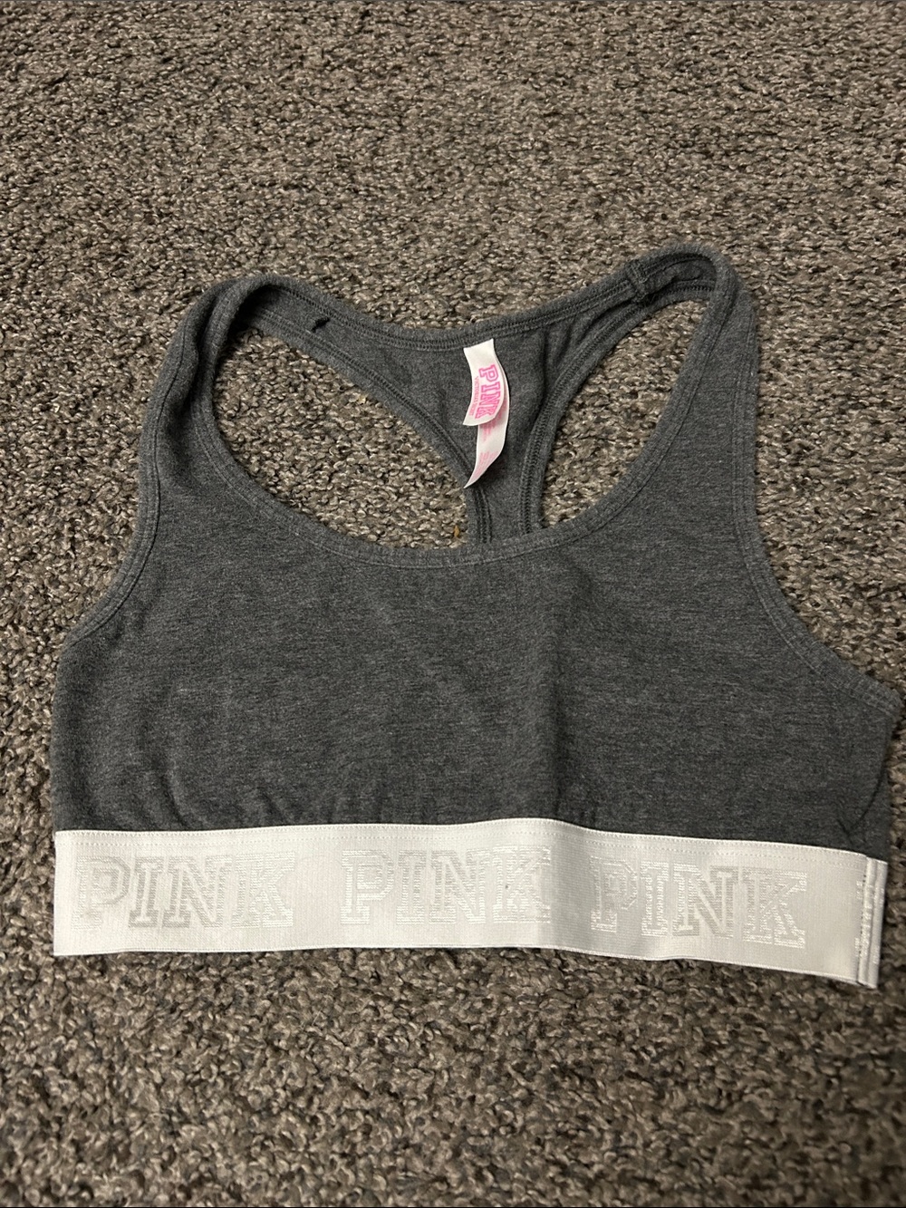 PINK Victoria's Secret Charcoal Gray Racerback Bralette with White Logo Band